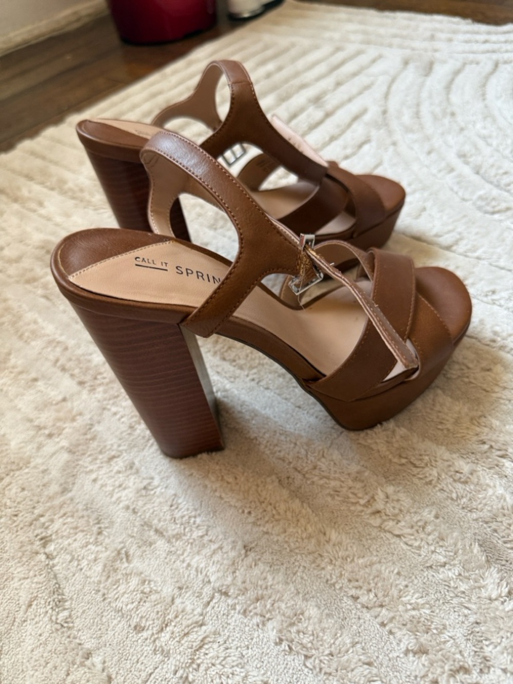 Call It Spring Brown Crisscross Block Heel Sandals